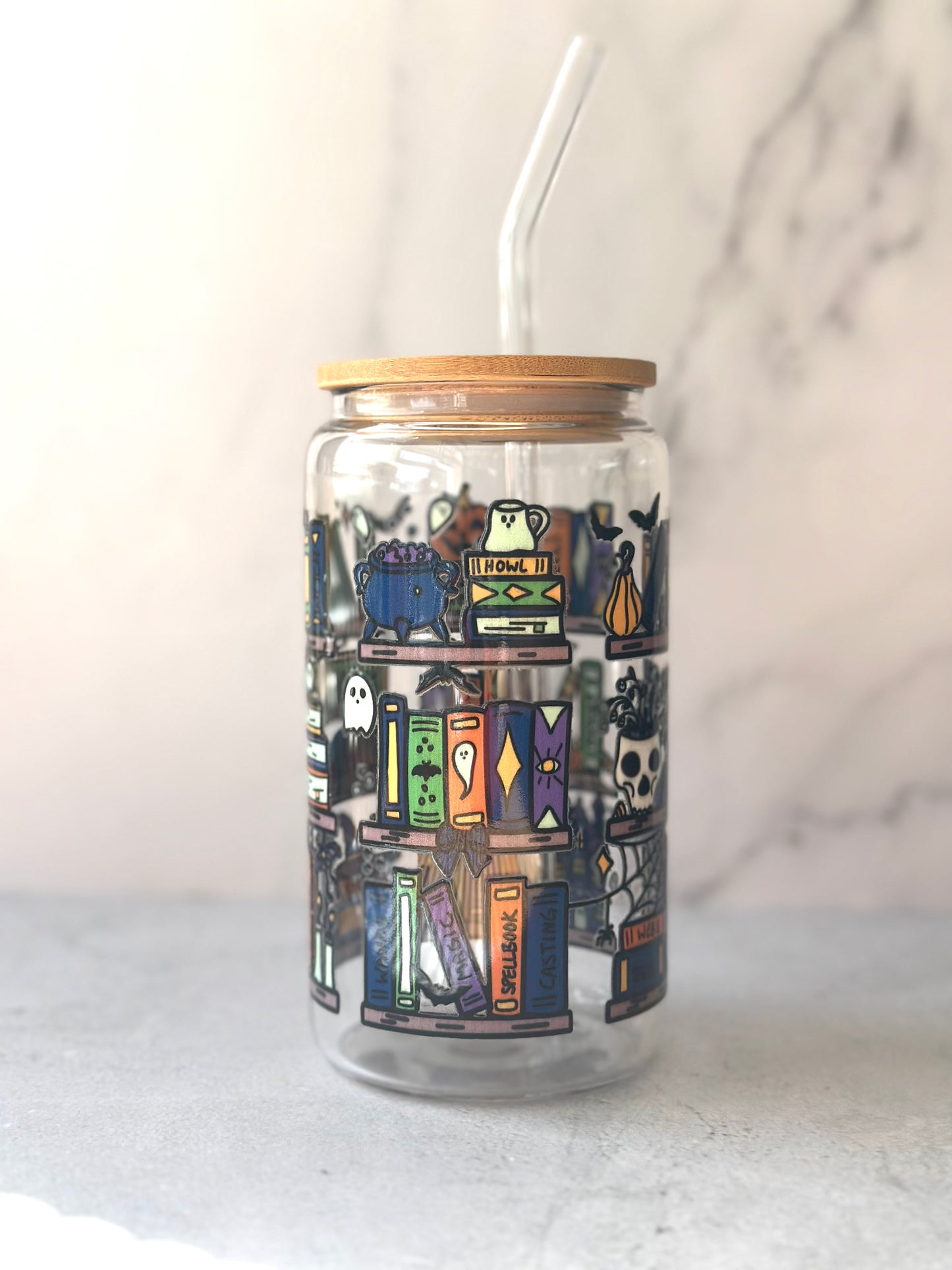 Halloween Bookshelf 16 oz Glass Cup