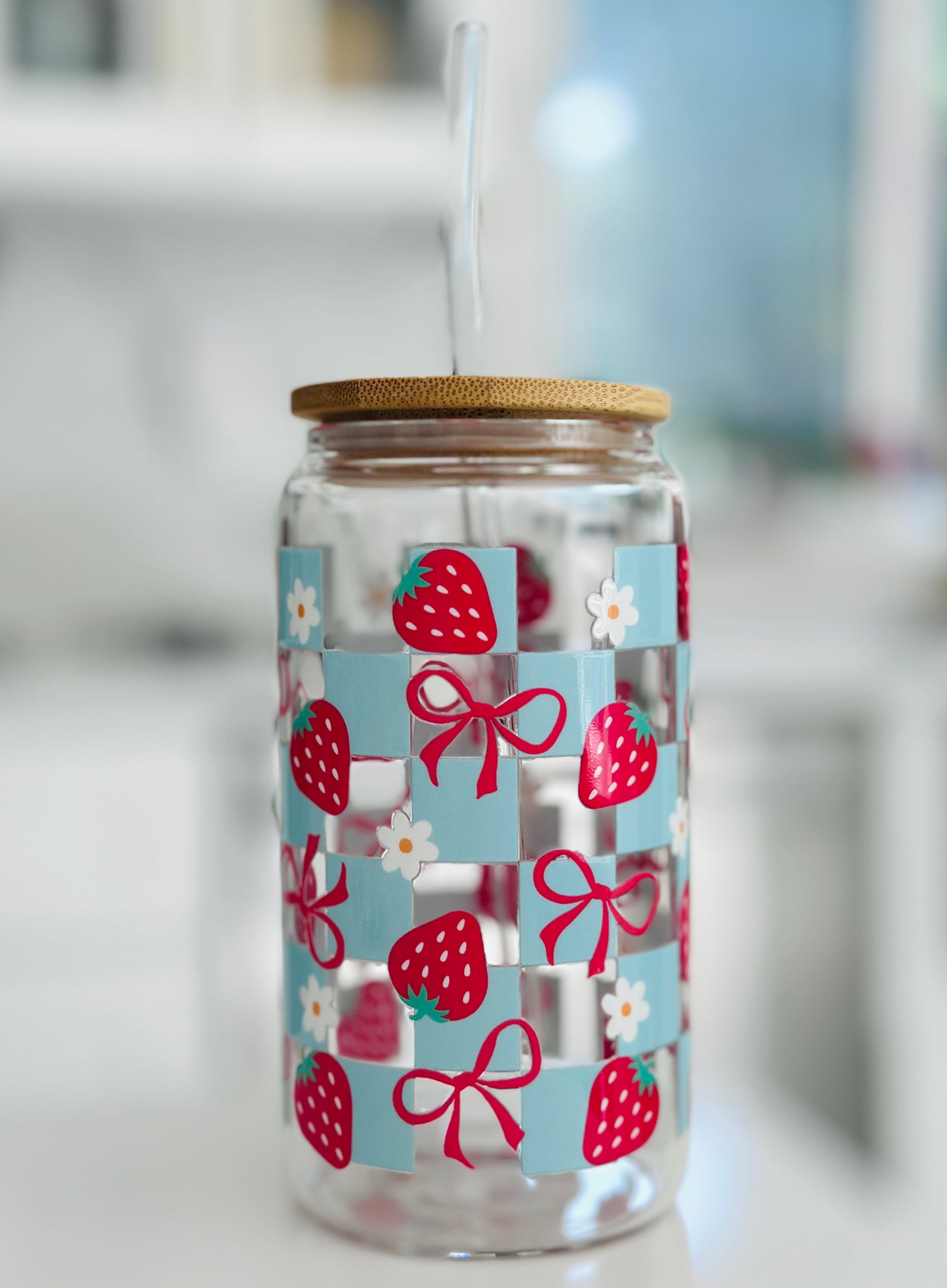 Strawberries 16oz glass Cup (Blue)