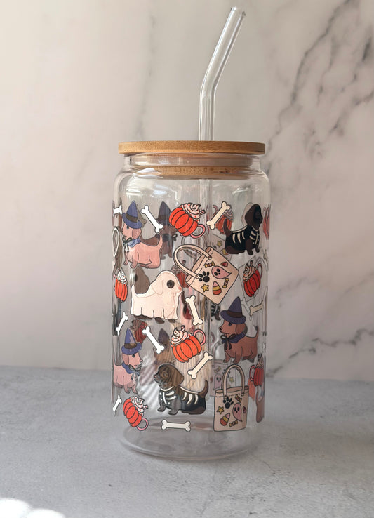 Halloween Dogs 16 oz Glass Cup