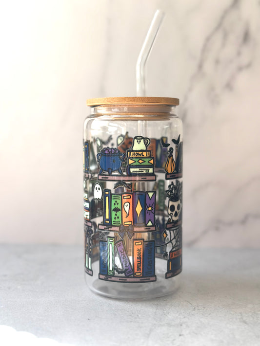 Halloween Bookshelf 16 oz Glass Cup